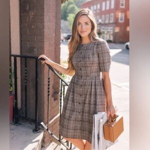 ❤️‍🔥BOGO free Gal Meets Glam Brown Square Neck Puff Plaid Tweed Midi Dress